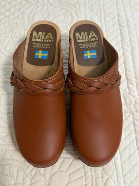MIA Elsa Brown Leather and Wood Swedish Clogs Women's Size 7